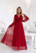 684-1 NERISSA elegancka tiulowa sukienka maxi z kopertowym dekoltem - jasne bordo Numoco basic