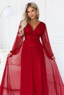 684-1 NERISSA elegancka tiulowa sukienka maxi z kopertowym dekoltem - jasne bordo Numoco basic