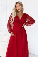 684-1 NERISSA elegancka tiulowa sukienka maxi z kopertowym dekoltem - jasne bordo Numoco basic