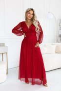 684-1 NERISSA elegancka tiulowa sukienka maxi z kopertowym dekoltem - jasne bordo Numoco basic