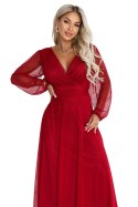 684-1 NERISSA elegancka tiulowa sukienka maxi z kopertowym dekoltem - jasne bordo Numoco basic