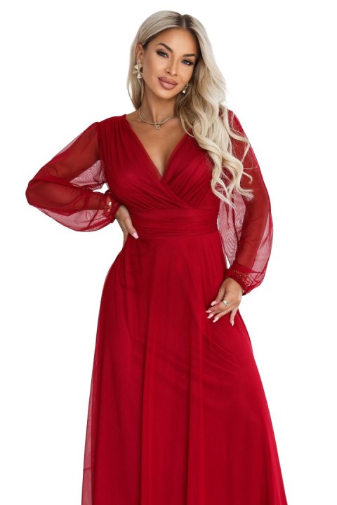 684-1 NERISSA elegancka tiulowa sukienka maxi z kopertowym dekoltem - jasne bordo Numoco basic