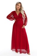 684-1 NERISSA elegancka tiulowa sukienka maxi z kopertowym dekoltem - jasne bordo Numoco basic