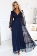 684-3 NERISSA elegancka tiulowa sukienka maxi z kopertowym dekoltem - granatowa Numoco basic