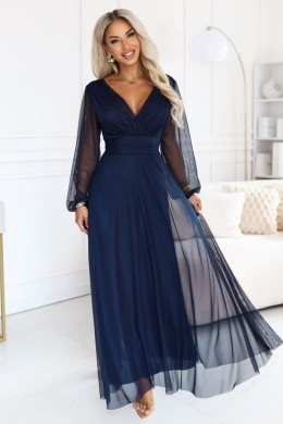 684-3 NERISSA elegancka tiulowa sukienka maxi z kopertowym dekoltem - granatowa Numoco basic