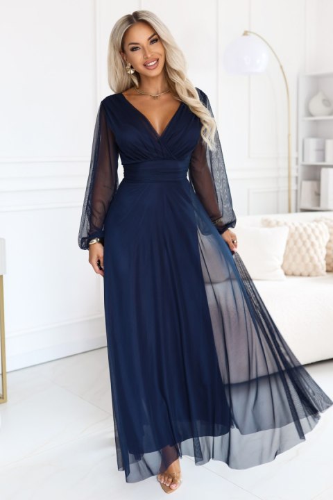 684-3 NERISSA elegancka tiulowa sukienka maxi z kopertowym dekoltem - granatowa Numoco basic