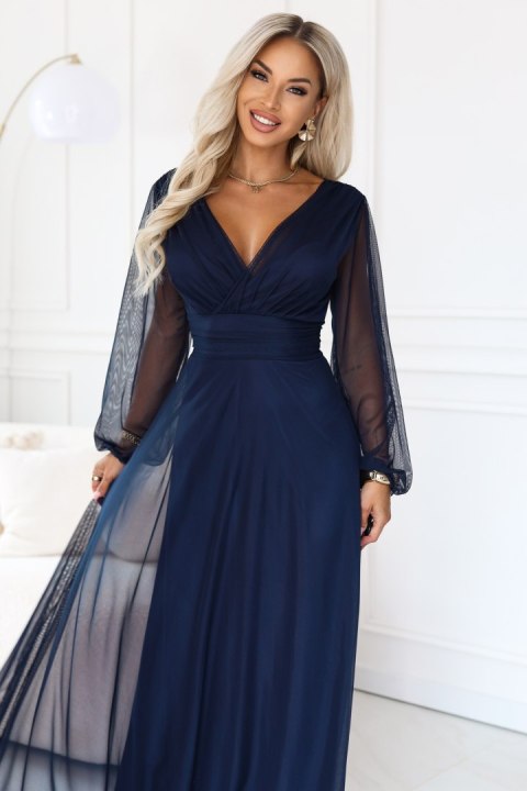 684-3 NERISSA elegancka tiulowa sukienka maxi z kopertowym dekoltem - granatowa Numoco basic