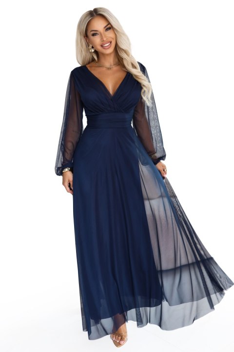 684-3 NERISSA elegancka tiulowa sukienka maxi z kopertowym dekoltem - granatowa Numoco basic