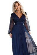 684-3 NERISSA elegancka tiulowa sukienka maxi z kopertowym dekoltem - granatowa Numoco basic