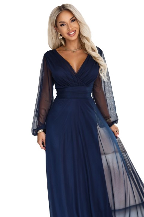 684-3 NERISSA elegancka tiulowa sukienka maxi z kopertowym dekoltem - granatowa Numoco basic