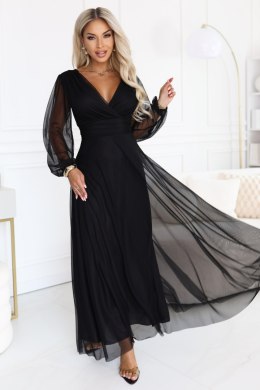 684-4 NERISSA elegancka tiulowa sukienka maxi z kopertowym dekoltem - czarna Numoco basic