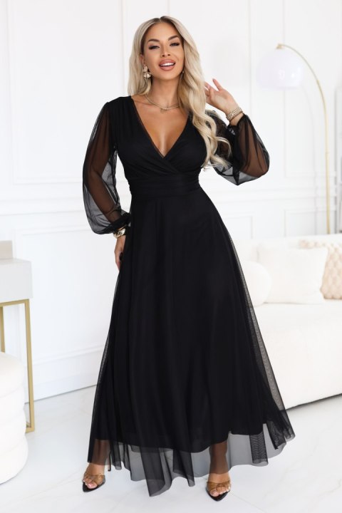 684-4 NERISSA elegancka tiulowa sukienka maxi z kopertowym dekoltem - czarna Numoco basic