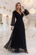 684-4 NERISSA elegancka tiulowa sukienka maxi z kopertowym dekoltem - czarna Numoco basic