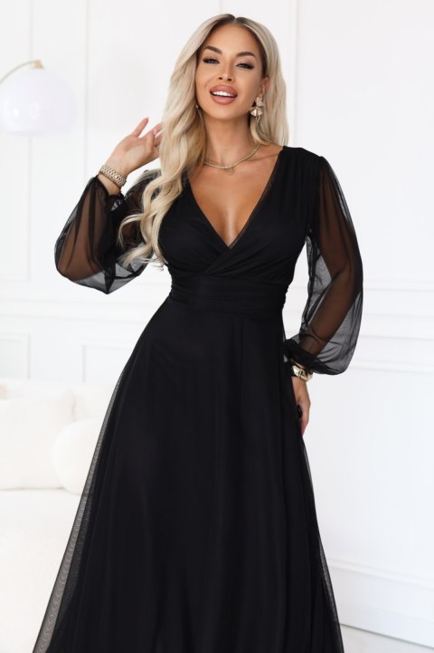684-4 NERISSA elegancka tiulowa sukienka maxi z kopertowym dekoltem - czarna Numoco basic