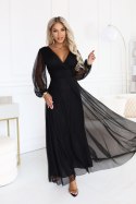 684-4 NERISSA elegancka tiulowa sukienka maxi z kopertowym dekoltem - czarna Numoco basic
