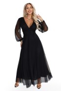 684-4 NERISSA elegancka tiulowa sukienka maxi z kopertowym dekoltem - czarna Numoco basic