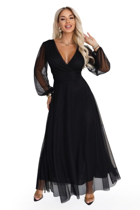 684-4 NERISSA elegancka tiulowa sukienka maxi z kopertowym dekoltem - czarna Numoco basic