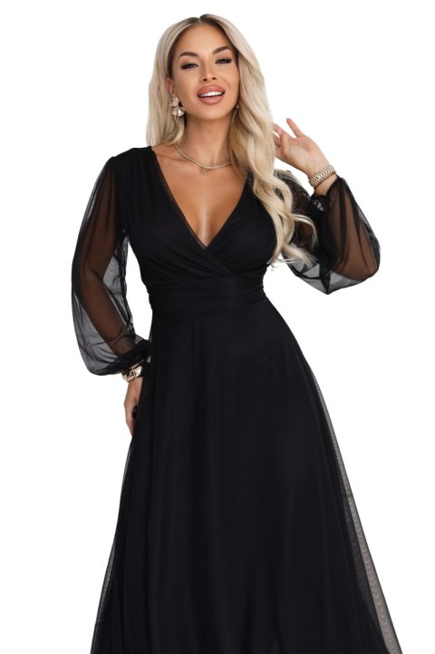 684-4 NERISSA elegancka tiulowa sukienka maxi z kopertowym dekoltem - czarna Numoco basic
