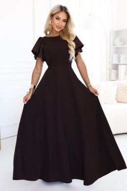 694-2 MIRELLA Elegancka rozkloszowana sukienka maxi z cekinowymi rękawami - czekoladowy brąz Numoco
