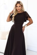694-2 MIRELLA Elegancka rozkloszowana sukienka maxi z cekinowymi rękawami - czekoladowy brąz Numoco