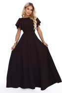 694-2 MIRELLA Elegancka rozkloszowana sukienka maxi z cekinowymi rękawami - czekoladowy brąz Numoco
