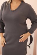 Sukienka damska Plus Size masełkowa z dekoltem V i rękawem grafitowa