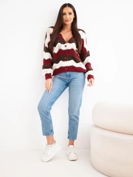 Sweter damski ażurowy w paski zapinany na guziki brązowy + bordowy