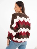 Sweter damski ażurowy w paski zapinany na guziki brązowy + bordowy