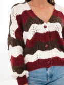 Sweter damski ażurowy w paski zapinany na guziki brązowy + bordowy