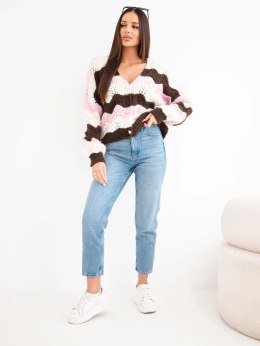 Sweter damski ażurowy w paski zapinany na guziki cukierkowy róż
