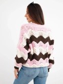 Sweter damski ażurowy w paski zapinany na guziki cukierkowy róż