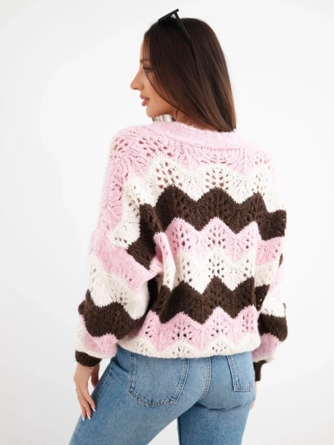 Sweter damski ażurowy w paski zapinany na guziki cukierkowy róż
