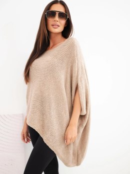 Sweter damski ponczo z moherem asymetryczny z szerokim dekoltem camelowy