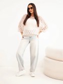 Sweter damski w 70% z kid moheru ażurowy z krótkim rękawem beżowy