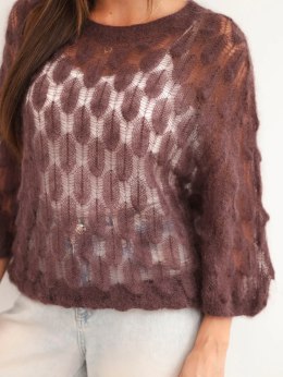 Sweter damski w 70% z kid moheru ażurowy z krótkim rękawem brązowy