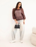 Sweter damski w 70% z kid moheru ażurowy z krótkim rękawem brązowy
