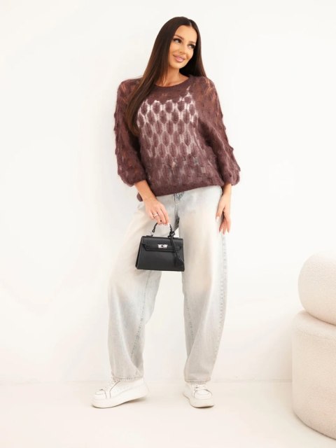 Sweter damski w 70% z kid moheru ażurowy z krótkim rękawem brązowy