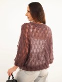 Sweter damski w 70% z kid moheru ażurowy z krótkim rękawem brązowy