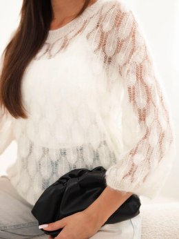 Sweter damski w 70% z kid moheru ażurowy z krótkim rękawem ecru