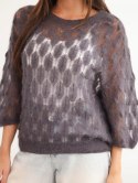 Sweter damski w 70% z kid moheru ażurowy z krótkim rękawem grafitowy