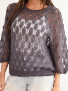 Sweter damski w 70% z kid moheru ażurowy z krótkim rękawem grafitowy