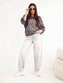Sweter damski w 70% z kid moheru ażurowy z krótkim rękawem grafitowy