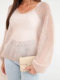 Sweter damski w 70% z kid moheru z dekoltem V o luźnym fasonie beżowy