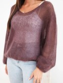 Sweter damski w 70% z kid moheru z dekoltem V o luźnym fasonie brązowy