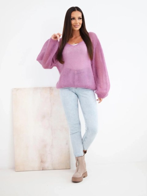 Sweter damski w 70% z kid moheru z dekoltem V o luźnym fasonie fioletowy