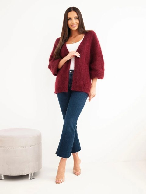 Sweter damski w 80% z kid moheru o luźnym fasonie bez zapięcia bordowy
