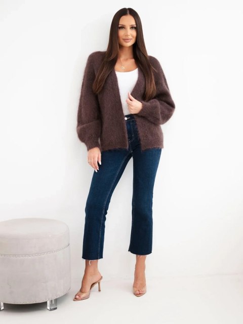 Sweter damski w 80% z kid moheru o luźnym fasonie bez zapięcia brązowy