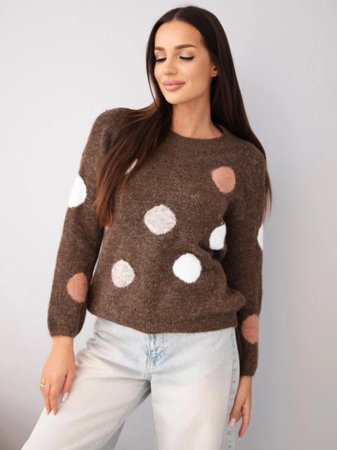 Sweter damski w kolorowe grochy z okrągłym dekoltem brązowy