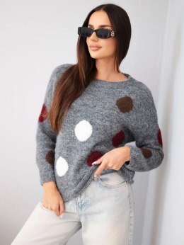 Sweter damski w kolorowe grochy z okrągłym dekoltem grafitowy