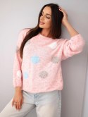 Sweter damski w kolorowe grochy z okrągłym dekoltem pudrowy róż